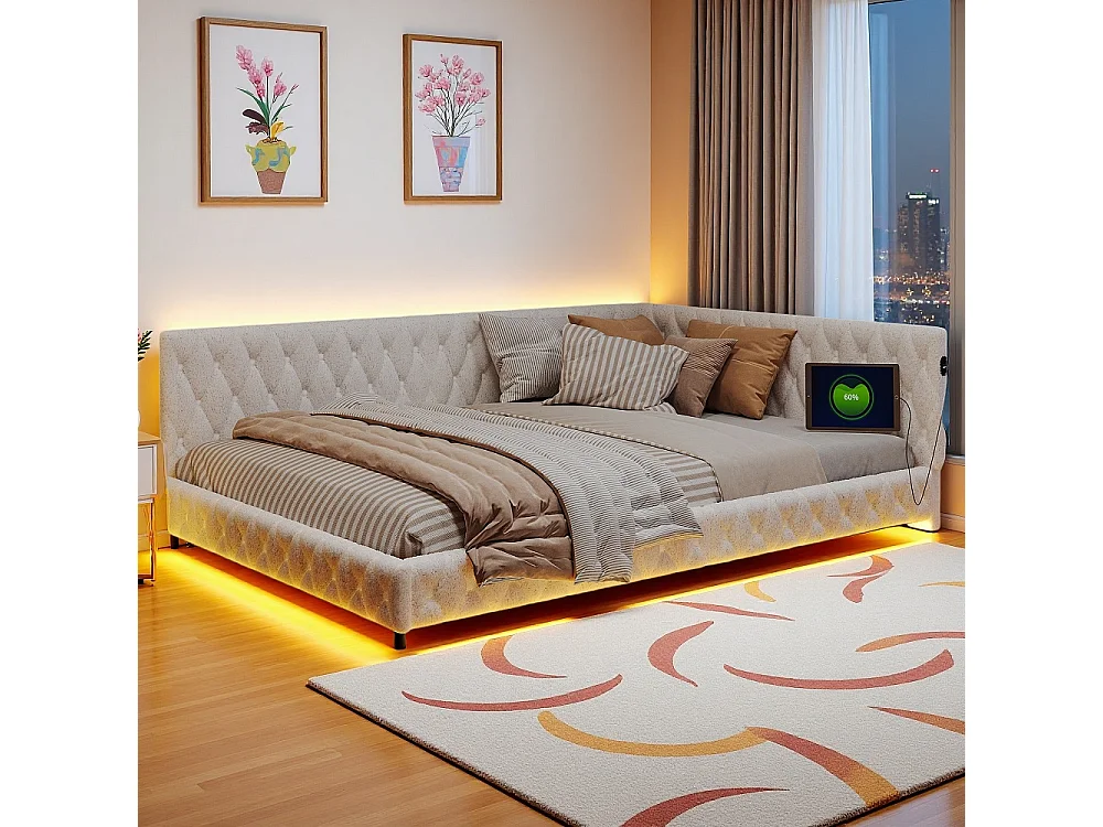 Lit de jour - 140 x 200 cm - Lit d'angle avec port de charge LED et USB - Canapé-lit rembourré en forme de L - Tissu velours en peluche - Beige