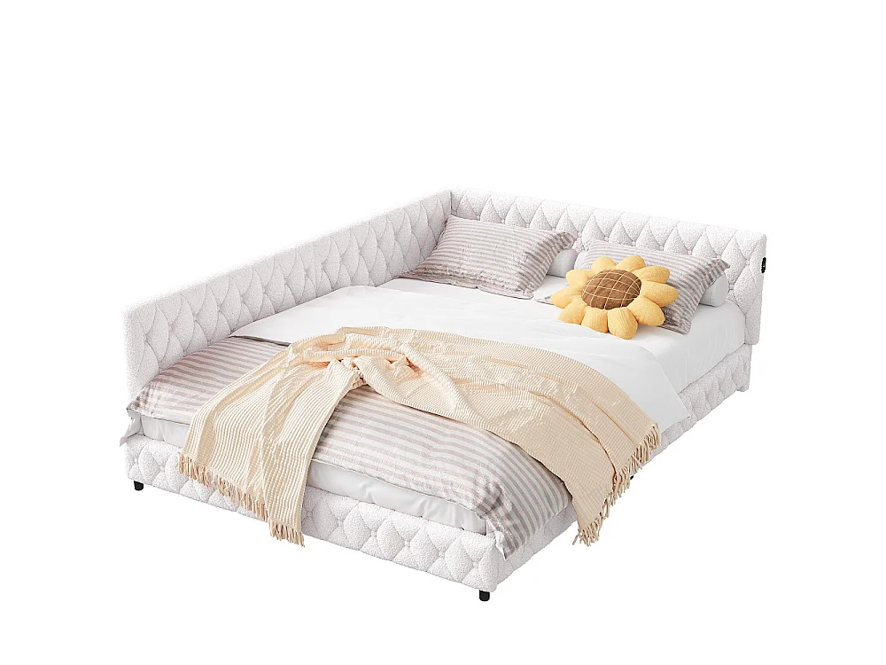 Lit de jour - 140 x 200 cm - Lit d'angle avec port de charge LED et USB - Canapé-lit rembourré en forme de L - Tissu velours en peluche - Beige