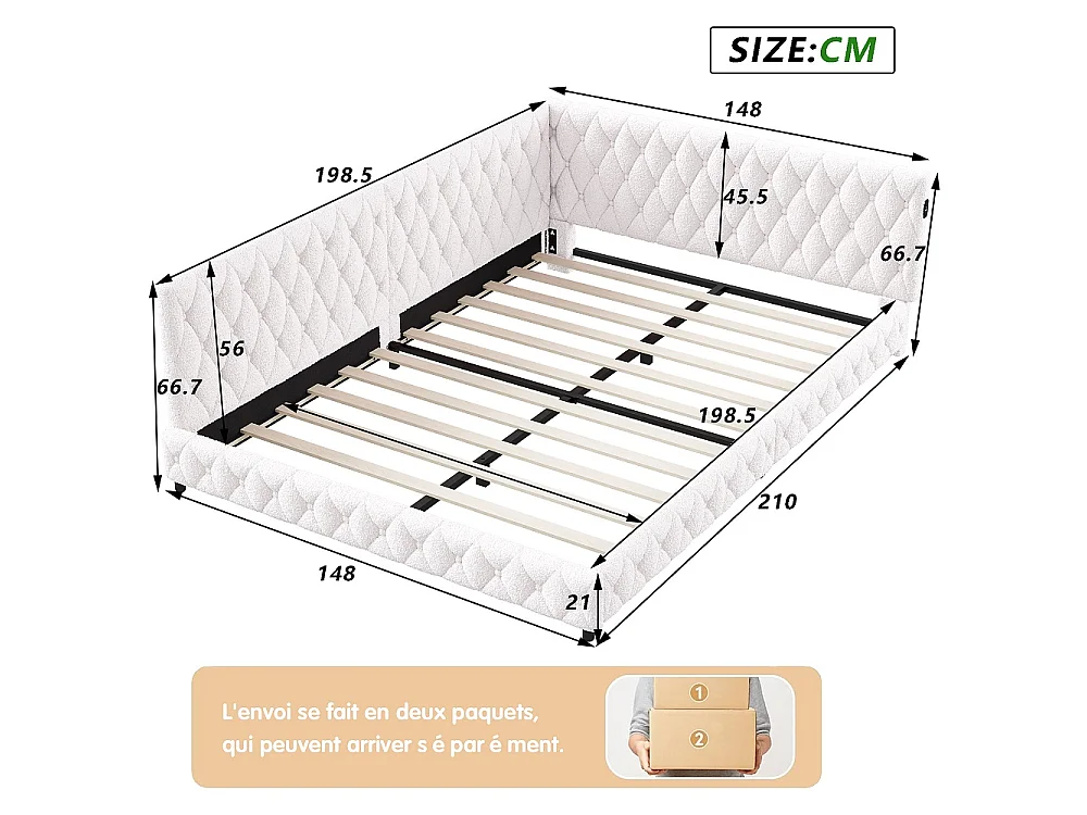 Lit de jour - 140 x 200 cm - Lit d'angle avec port de charge LED et USB - Canapé-lit rembourré en forme de L - Tissu velours en peluche - Beige