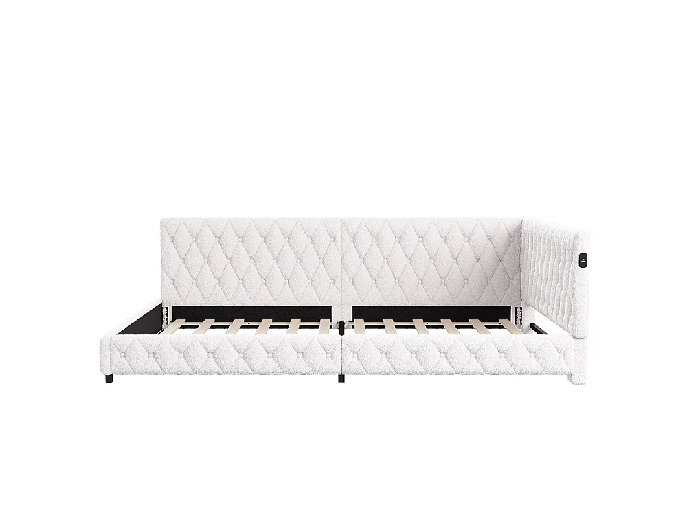 Lit de jour - 140 x 200 cm - Lit d'angle avec port de charge LED et USB - Canapé-lit rembourré en forme de L - Tissu velours en peluche - Beige