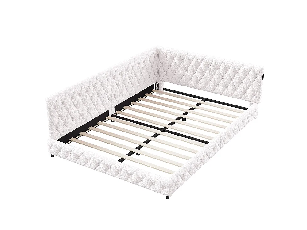 Lit de jour - 140 x 200 cm - Lit d'angle avec port de charge LED et USB - Canapé-lit rembourré en forme de L - Tissu velours en peluche - Beige