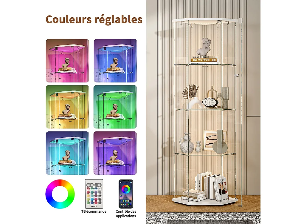 Armoire d'affichage - 162 x 60 x 42,5 cm - Vitrine à cinq angles avec bande lumineuse LED - Armoire de rangement à 4 couches 1 porte - Verre trempé - Plaque blanche