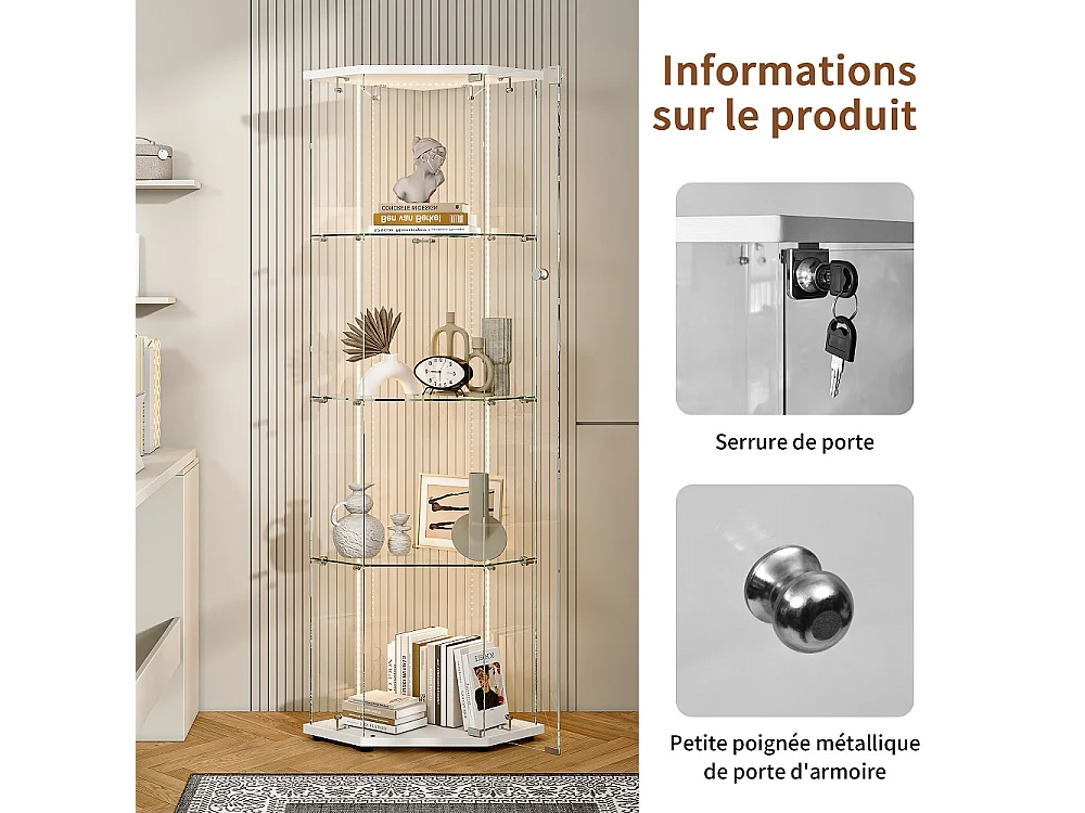 Armoire d'affichage - 162 x 60 x 42,5 cm - Vitrine à cinq angles avec bande lumineuse LED - Armoire de rangement à 4 couches 1 porte - Verre trempé - Plaque blanche