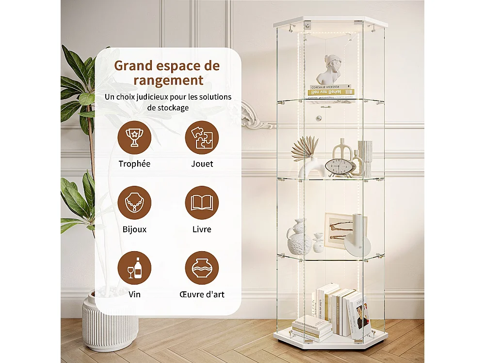 Armoire d'affichage - 162 x 60 x 42,5 cm - Vitrine à cinq angles avec bande lumineuse LED - Armoire de rangement à 4 couches 1 porte - Verre trempé - Plaque blanche