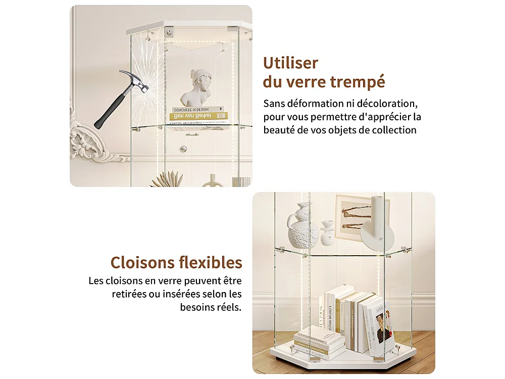 Armoire d'affichage - 162 x 60 x 42,5 cm - Vitrine à cinq angles avec bande lumineuse LED - Armoire de rangement à 4 couches 1 porte - Verre trempé - Plaque blanche