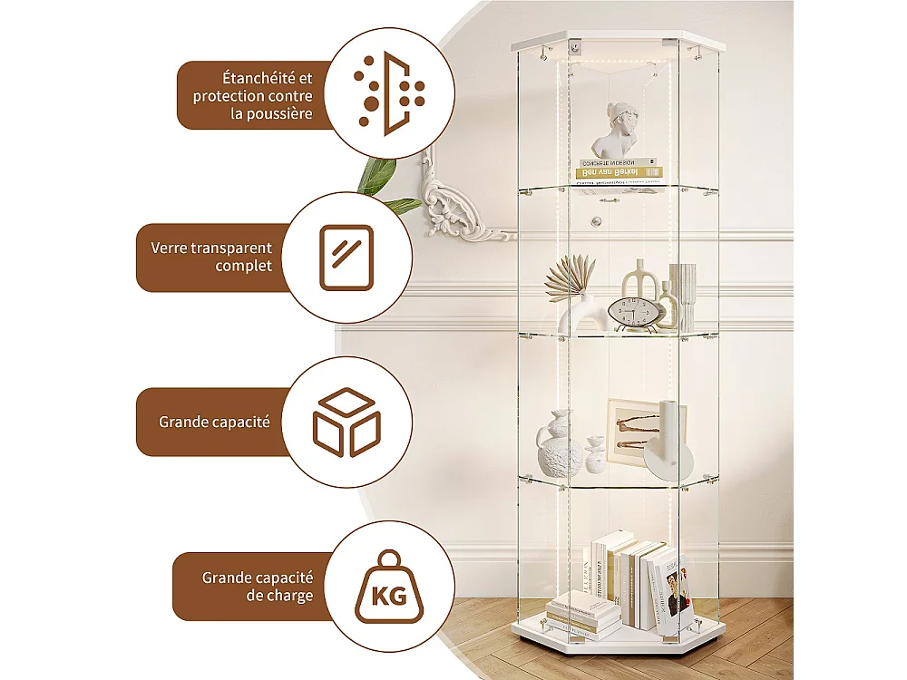 Armoire d'affichage - 162 x 60 x 42,5 cm - Vitrine à cinq angles avec bande lumineuse LED - Armoire de rangement à 4 couches 1 porte - Verre trempé - Plaque blanche