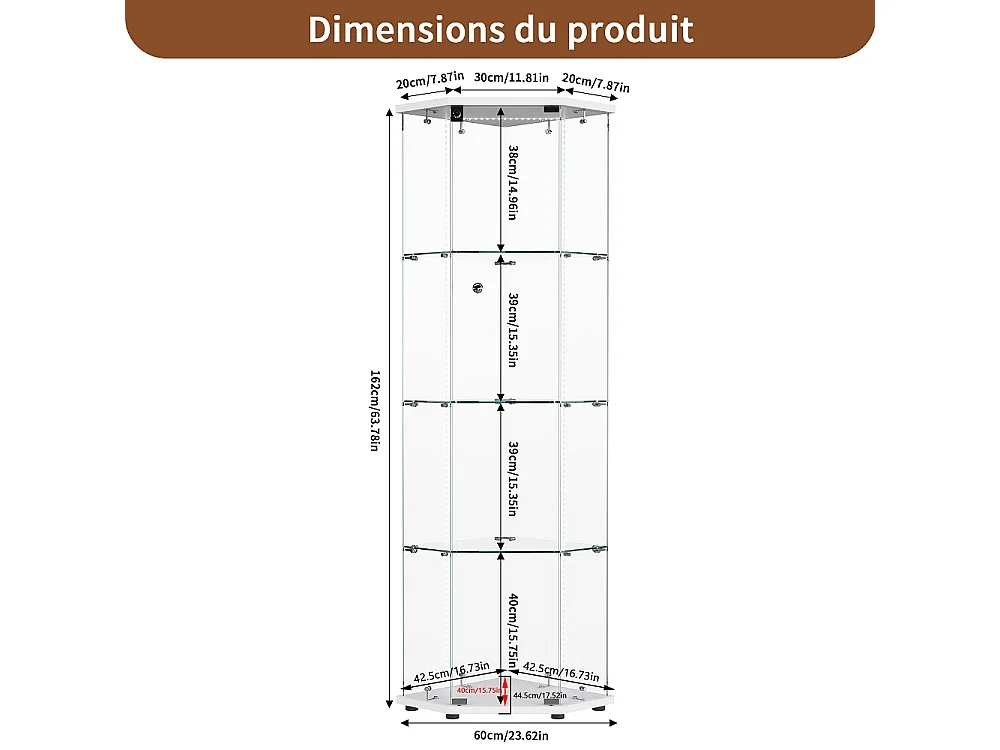 Armoire d'affichage - 162 x 60 x 42,5 cm - Vitrine à cinq angles avec bande lumineuse LED - Armoire de rangement à 4 couches 1 porte - Verre trempé - Plaque blanche