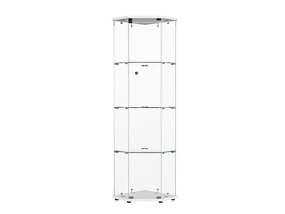 Armoire d'affichage - 162 x 60 x 42,5 cm - Vitrine à cinq angles avec bande lumineuse LED - Armoire de rangement à 4 couches 1 porte - Verre trempé - Plaque blanche