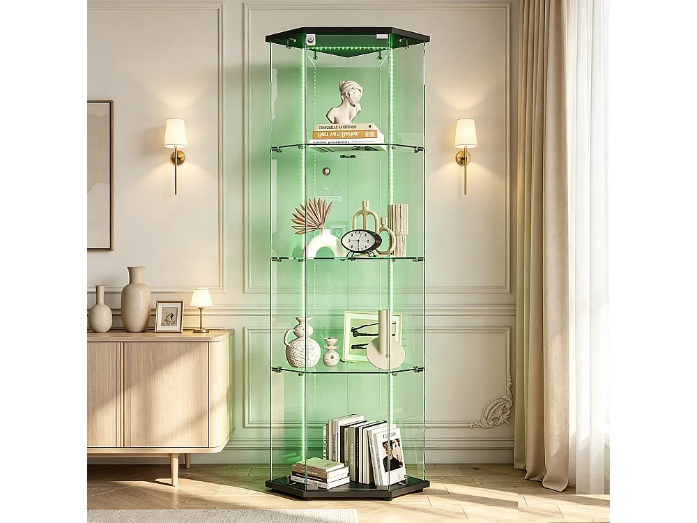 Armoire d'affichage - 162 x 60 x 42.5 cm - Vitrine à cinq angles avec bande lumineuse LED - Armoire de rangement à 4 couches 1 porte - Verre trempé - Sole noire