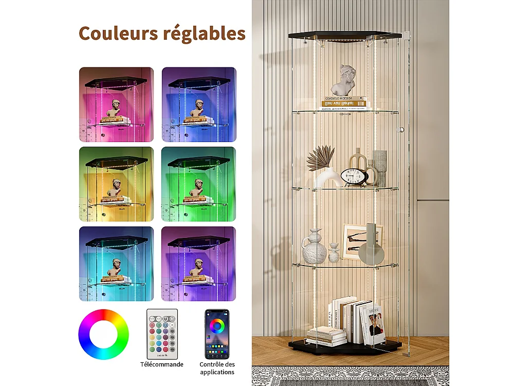 Armoire d'affichage - 162 x 60 x 42.5 cm - Vitrine à cinq angles avec bande lumineuse LED - Armoire de rangement à 4 couches 1 porte - Verre trempé - Sole noire