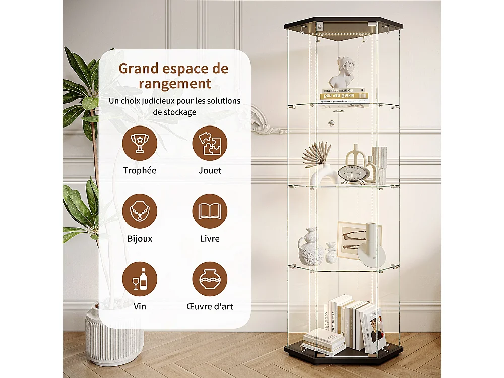 Armoire d'affichage - 162 x 60 x 42.5 cm - Vitrine à cinq angles avec bande lumineuse LED - Armoire de rangement à 4 couches 1 porte - Verre trempé - Sole noire