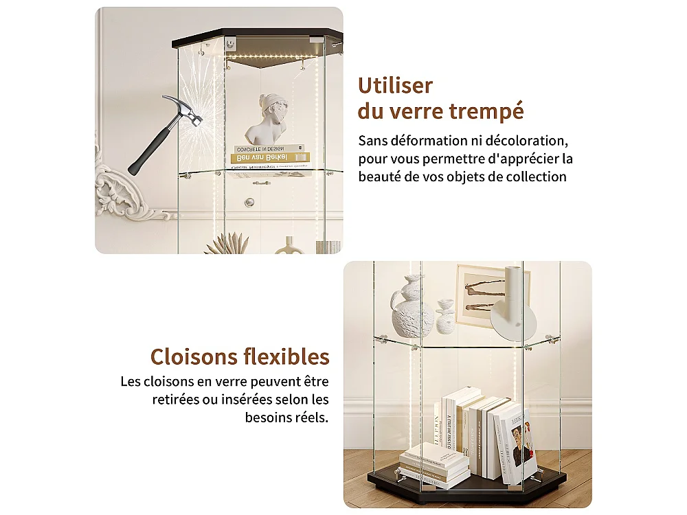 Armoire d'affichage - 162 x 60 x 42.5 cm - Vitrine à cinq angles avec bande lumineuse LED - Armoire de rangement à 4 couches 1 porte - Verre trempé - Sole noire