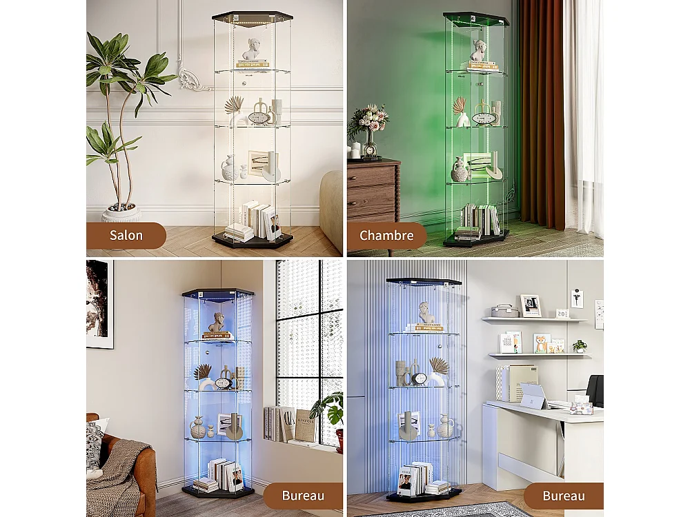 Armoire d'affichage - 162 x 60 x 42.5 cm - Vitrine à cinq angles avec bande lumineuse LED - Armoire de rangement à 4 couches 1 porte - Verre trempé - Sole noire