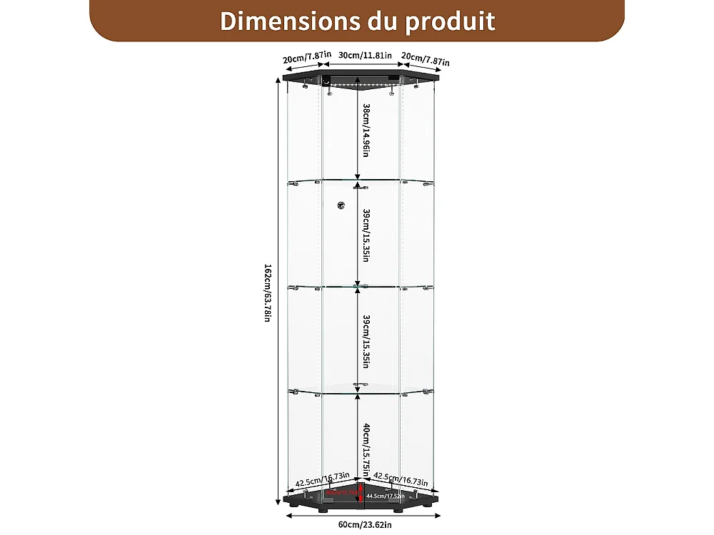Armoire d'affichage - 162 x 60 x 42.5 cm - Vitrine à cinq angles avec bande lumineuse LED - Armoire de rangement à 4 couches 1 porte - Verre trempé - Sole noire