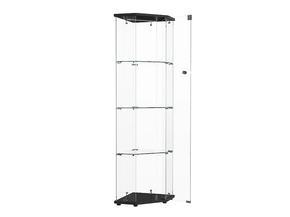 Armoire d'affichage - 162 x 60 x 42.5 cm - Vitrine à cinq angles avec bande lumineuse LED - Armoire de rangement à 4 couches 1 porte - Verre trempé - Sole noire