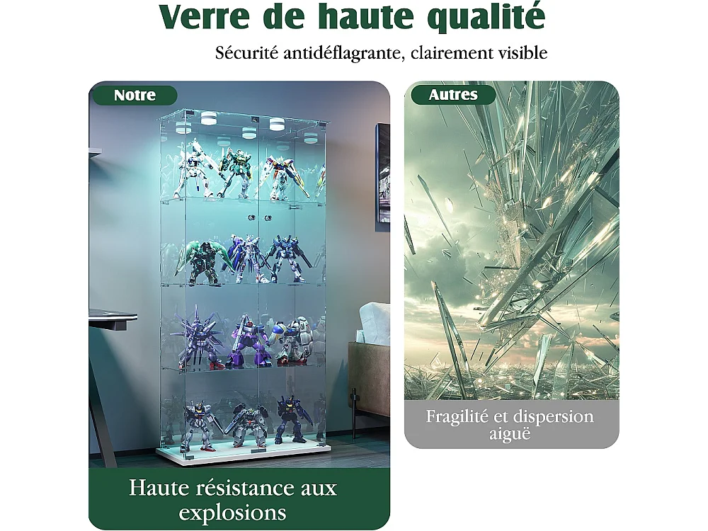 vitrine de collectionneur - 163 x 80.5 x 36.5 cm - 2 portes 4 couches armoire de stockage - armoire d'affichage avec lumière patée - verre trempé - plaque de base b