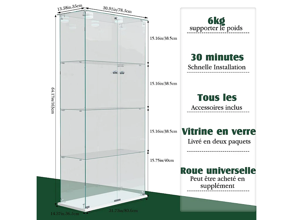 vitrine de collectionneur - 163 x 80.5 x 36.5 cm - 2 portes 4 couches armoire de stockage - armoire d'affichage avec lumière patée - verre trempé - plaque de base b