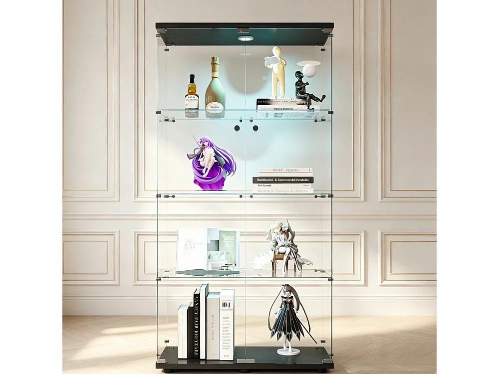 Cabinet d'affichage transparent - Rack de stockage avec lumières LED - 4 couches 2 portes - Verre trempé - noir