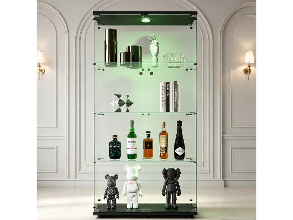 Cabinet d'affichage transparent - Rack de stockage avec lumières LED - 4 couches 2 portes - Verre trempé - noir