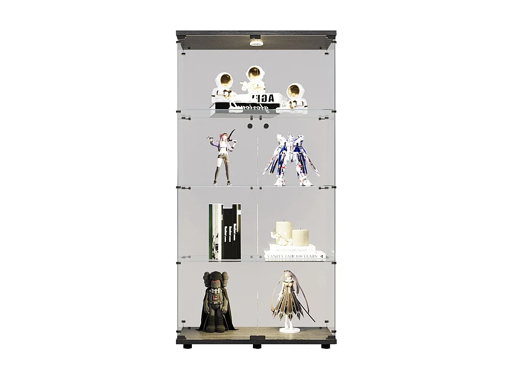 Cabinet d'affichage transparent - Rack de stockage avec lumières LED - 4 couches 2 portes - Verre trempé - noir