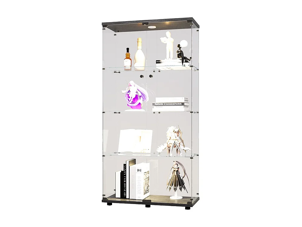 Cabinet d'affichage transparent - Rack de stockage avec lumières LED - 4 couches 2 portes - Verre trempé - noir