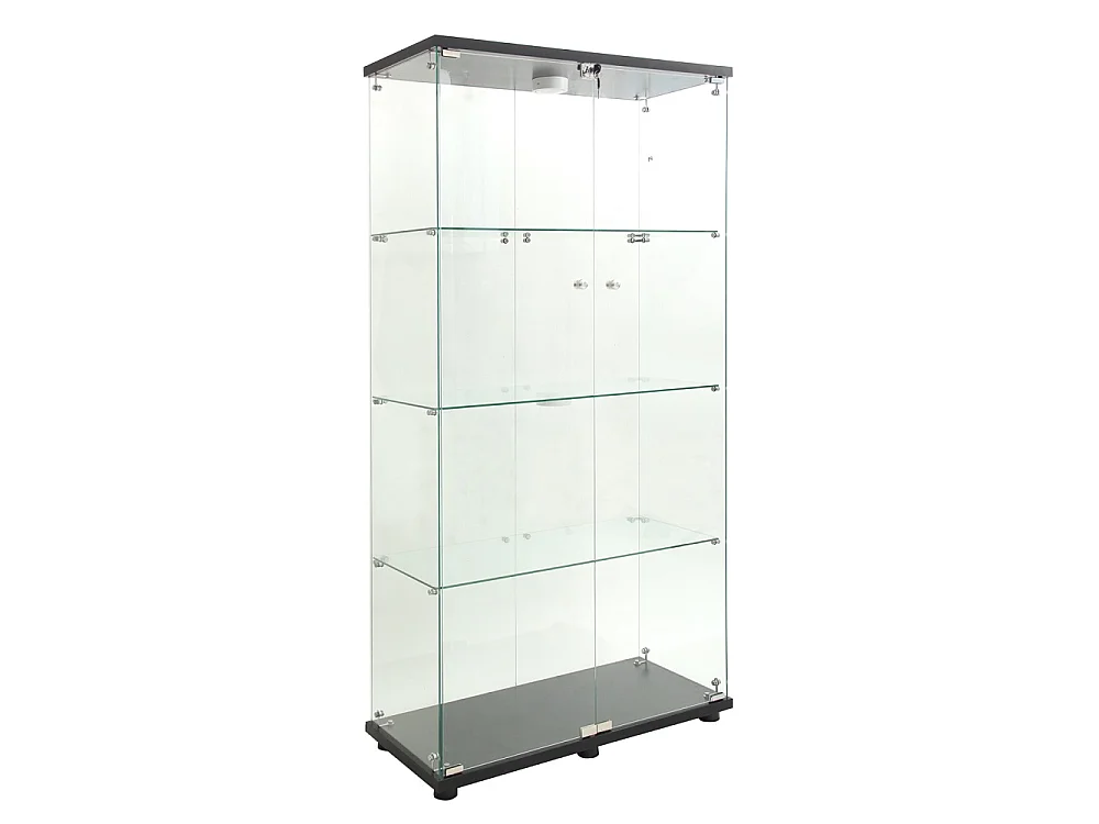 Cabinet d'affichage transparent - Rack de stockage avec lumières LED - 4 couches 2 portes - Verre trempé - noir