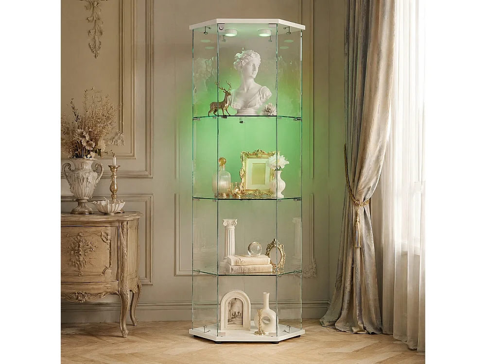 Armoire d'affichage - 162 x 60 x 42.5 cm - Vitrine à cinq angles avec lumière Pat - Armoire de rangement à 4 couches 1 porte - Verre trempé - Plaque blanche