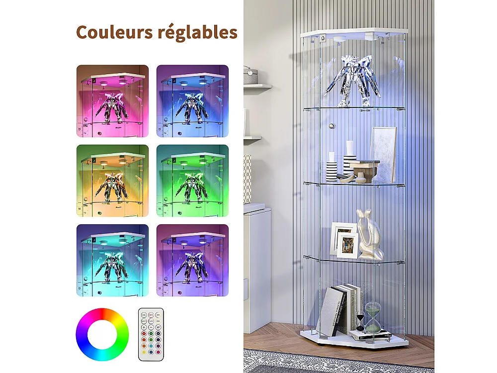 Armoire d'affichage - 162 x 60 x 42.5 cm - Vitrine à cinq angles avec lumière Pat - Armoire de rangement à 4 couches 1 porte - Verre trempé - Plaque blanche