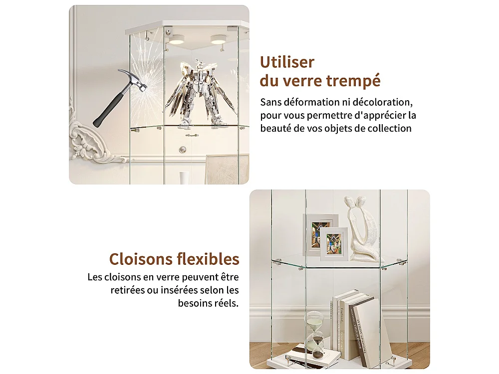 Armoire d'affichage - 162 x 60 x 42.5 cm - Vitrine à cinq angles avec lumière Pat - Armoire de rangement à 4 couches 1 porte - Verre trempé - Plaque blanche