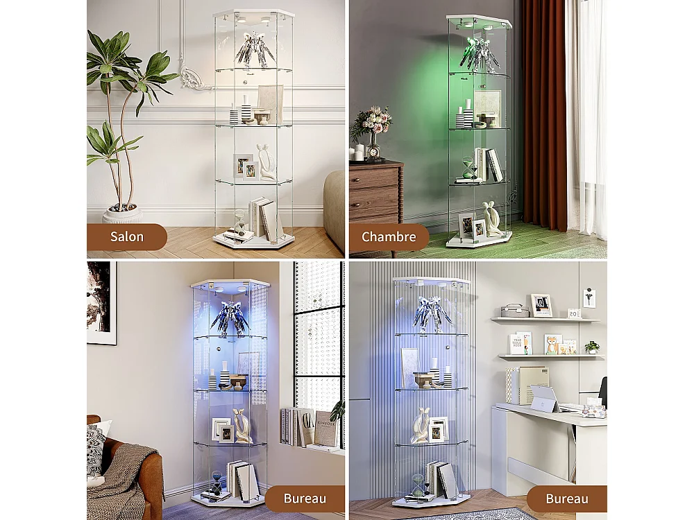 Armoire d'affichage - 162 x 60 x 42.5 cm - Vitrine à cinq angles avec lumière Pat - Armoire de rangement à 4 couches 1 porte - Verre trempé - Plaque blanche