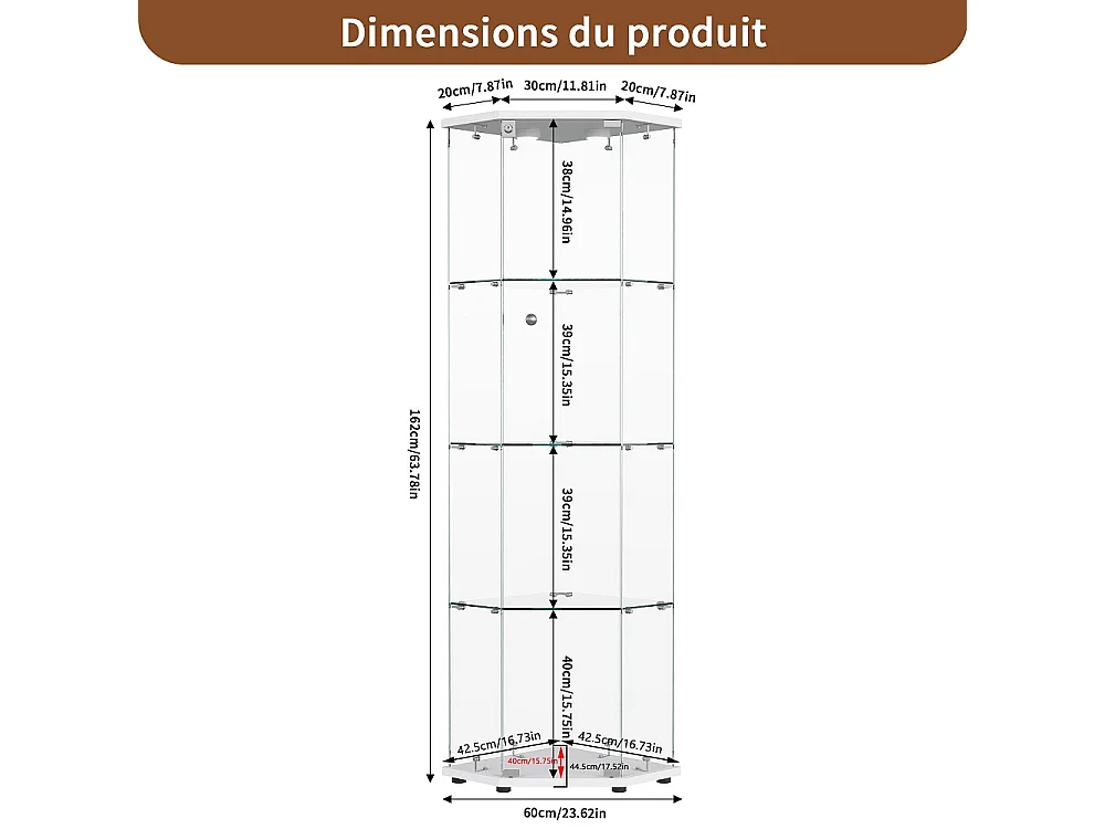 Armoire d'affichage - 162 x 60 x 42.5 cm - Vitrine à cinq angles avec lumière Pat - Armoire de rangement à 4 couches 1 porte - Verre trempé - Plaque blanche