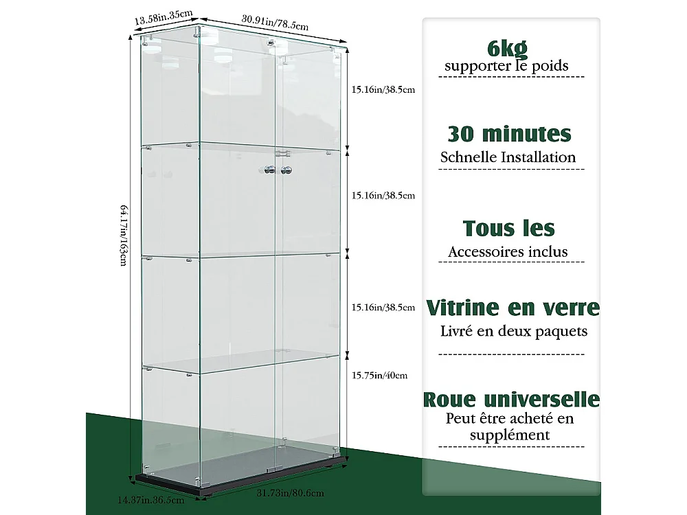 vitrine de collectionneur - 163 x 80.5 x 36.5 cm - 2 portes 4 couches armoire de stockage - armoire d'affichage avec lumière de pat - verre trempé - plaque de base