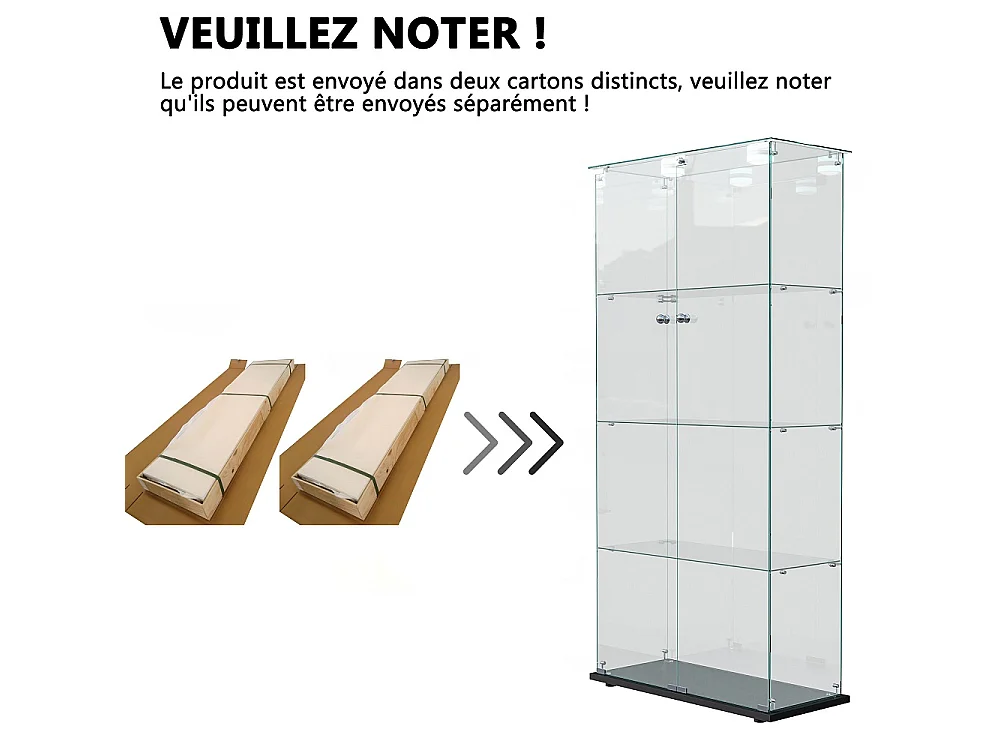 vitrine de collectionneur - 163 x 80.5 x 36.5 cm - 2 portes 4 couches armoire de stockage - armoire d'affichage avec lumière de pat - verre trempé - plaque de base