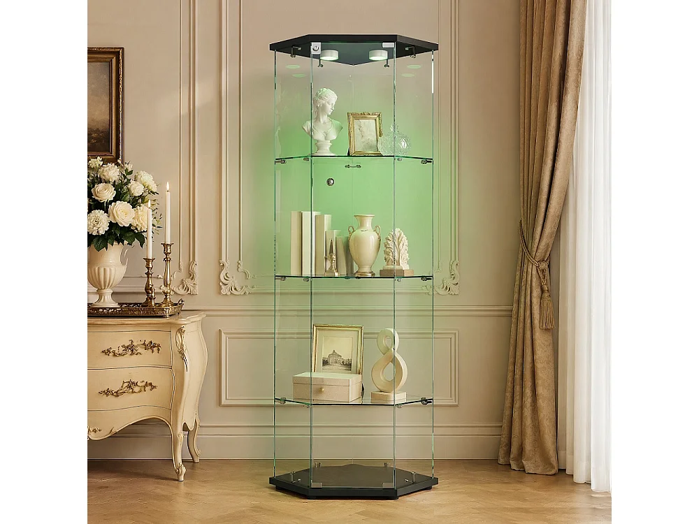 Armoire d'affichage - 162 x 60 x 42.5 cm - Vitrine à cinq angles avec lumière Pat - Armoire de rangement à 4 couches 1 porte - Verre trempé - Plaque noire