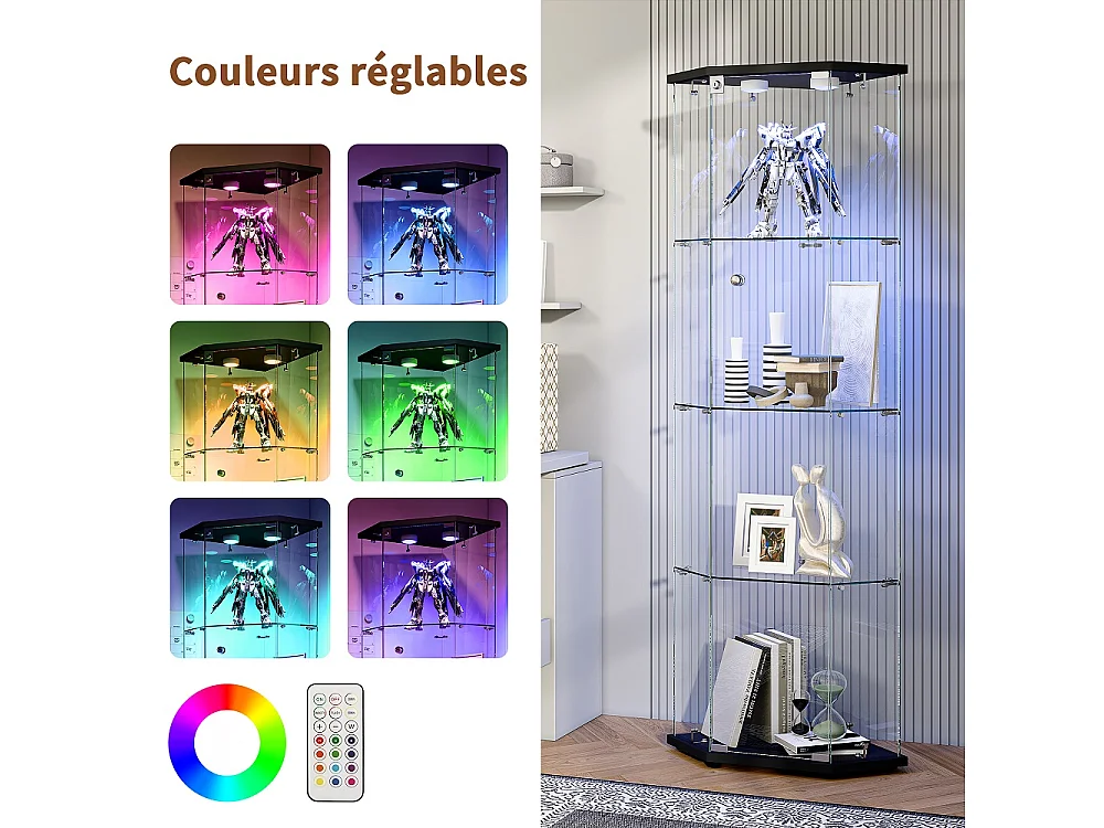 Armoire d'affichage - 162 x 60 x 42.5 cm - Vitrine à cinq angles avec lumière Pat - Armoire de rangement à 4 couches 1 porte - Verre trempé - Plaque noire