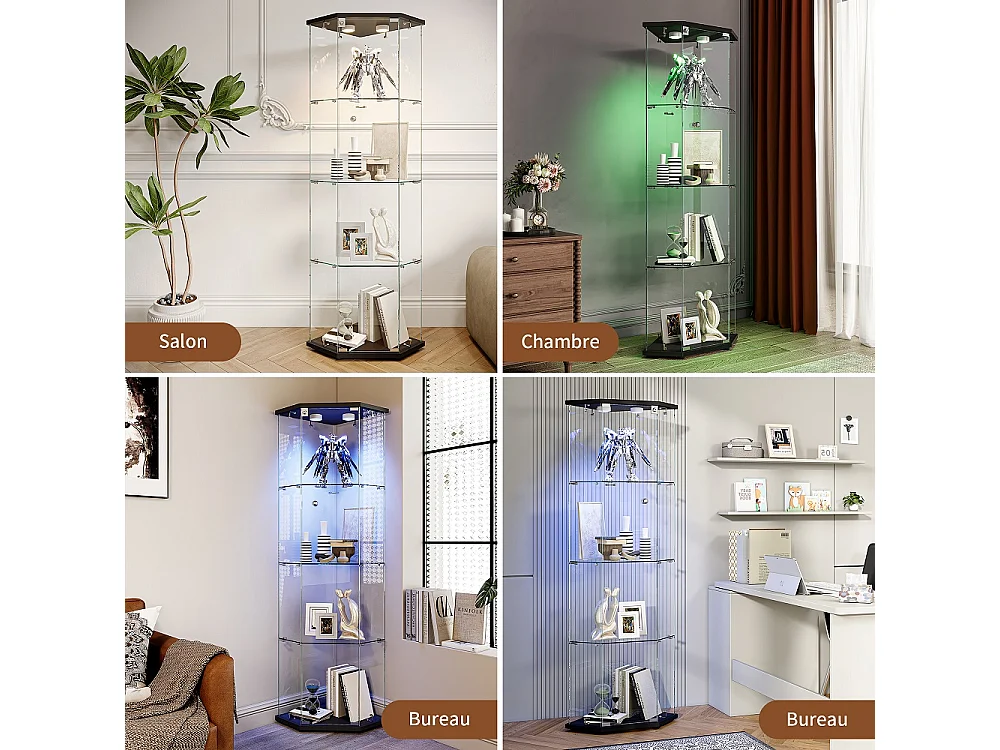 Armoire d'affichage - 162 x 60 x 42.5 cm - Vitrine à cinq angles avec lumière Pat - Armoire de rangement à 4 couches 1 porte - Verre trempé - Plaque noire