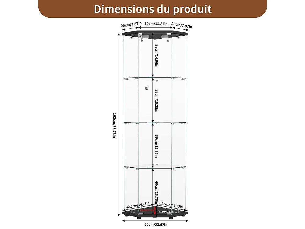 Armoire d'affichage - 162 x 60 x 42.5 cm - Vitrine à cinq angles avec lumière Pat - Armoire de rangement à 4 couches 1 porte - Verre trempé - Plaque noire