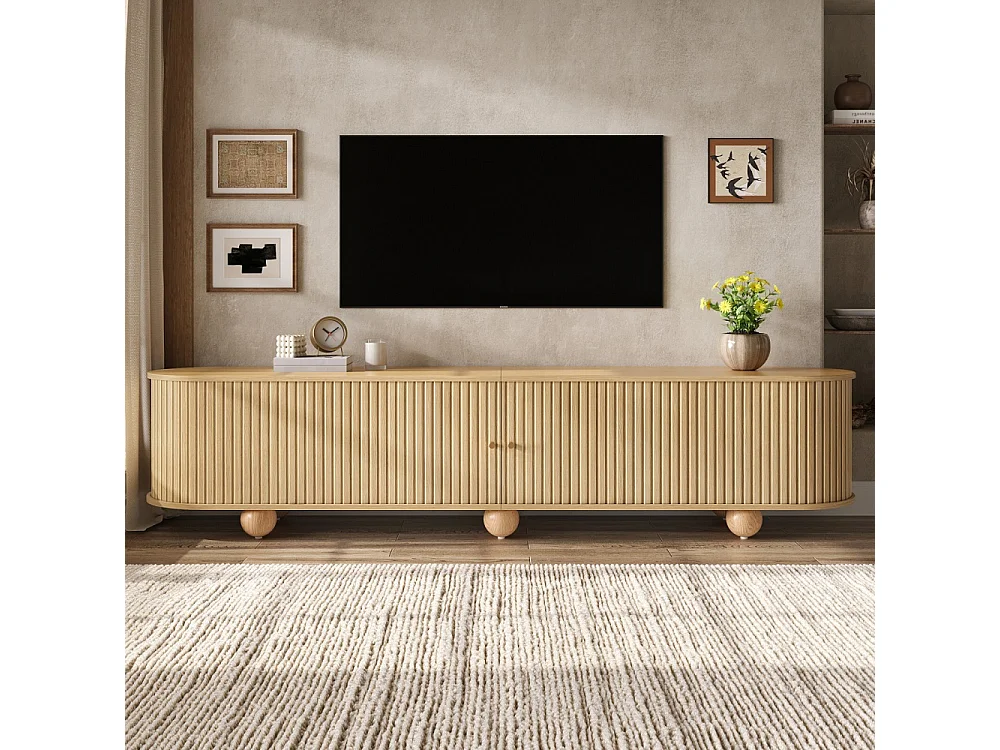 Cabinet TV 180 x 35 x 45 cm - Télévision à pied à bille Lowboard avec portes coulissantes ondulées verticales - Meubles de télévision rétro - MDF - Couleur naturell
