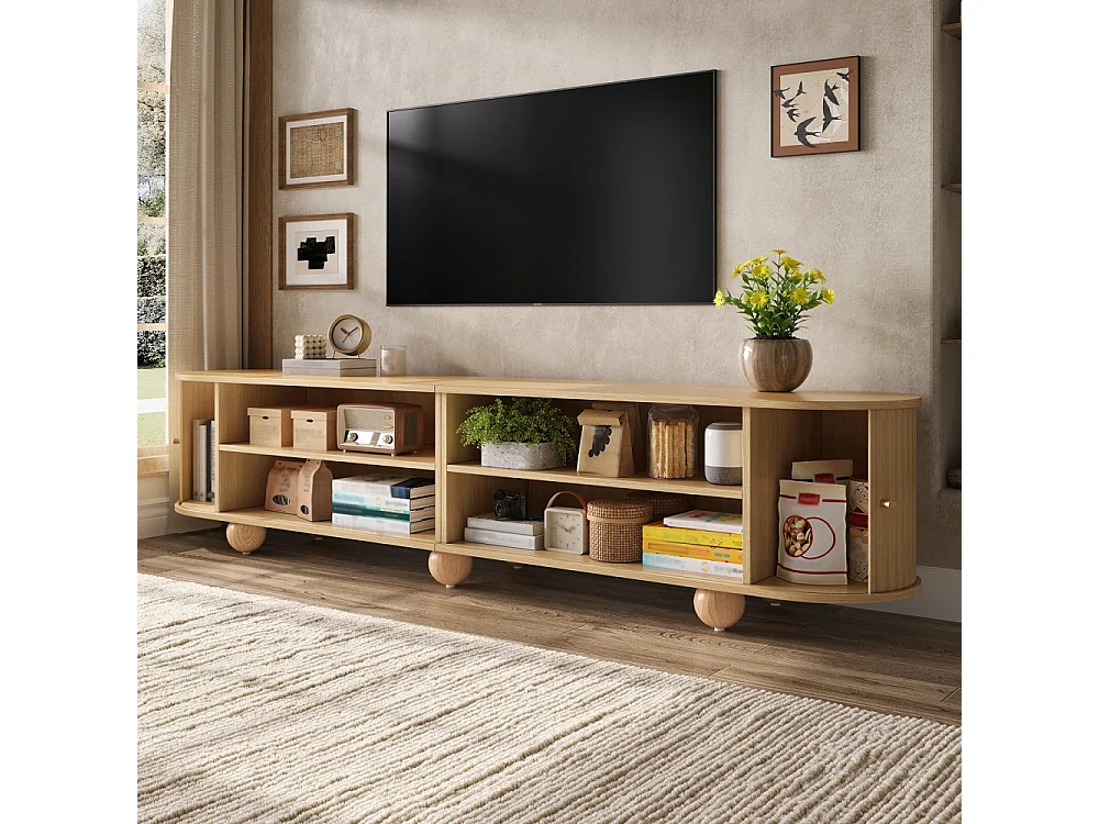 Cabinet TV 180 x 35 x 45 cm - Télévision à pied à bille Lowboard avec portes coulissantes ondulées verticales - Meubles de télévision rétro - MDF - Couleur naturell