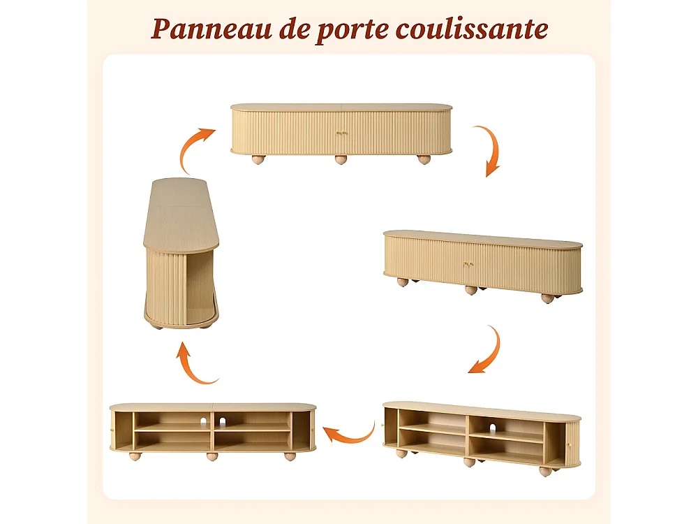 Cabinet TV 180 x 35 x 45 cm - Télévision à pied à bille Lowboard avec portes coulissantes ondulées verticales - Meubles de télévision rétro - MDF - Couleur naturell