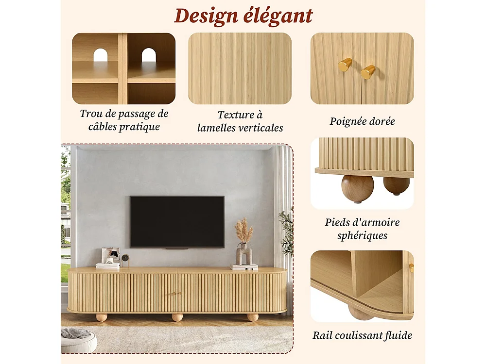 Cabinet TV 180 x 35 x 45 cm - Télévision à pied à bille Lowboard avec portes coulissantes ondulées verticales - Meubles de télévision rétro - MDF - Couleur naturell