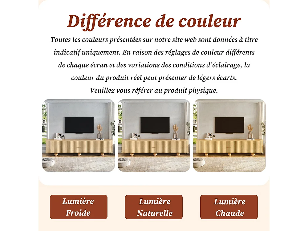 Cabinet TV 180 x 35 x 45 cm - Télévision à pied à bille Lowboard avec portes coulissantes ondulées verticales - Meubles de télévision rétro - MDF - Couleur naturell