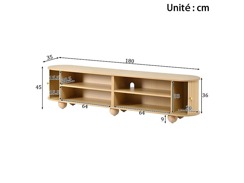 Cabinet TV 180 x 35 x 45 cm - Télévision à pied à bille Lowboard avec portes coulissantes ondulées verticales - Meubles de télévision rétro - MDF - Couleur naturell