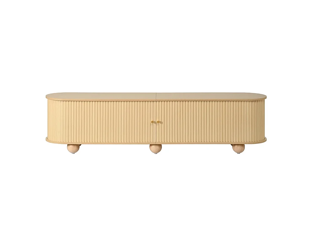 Cabinet TV 180 x 35 x 45 cm - Télévision à pied à bille Lowboard avec portes coulissantes ondulées verticales - Meubles de télévision rétro - MDF - Couleur naturell