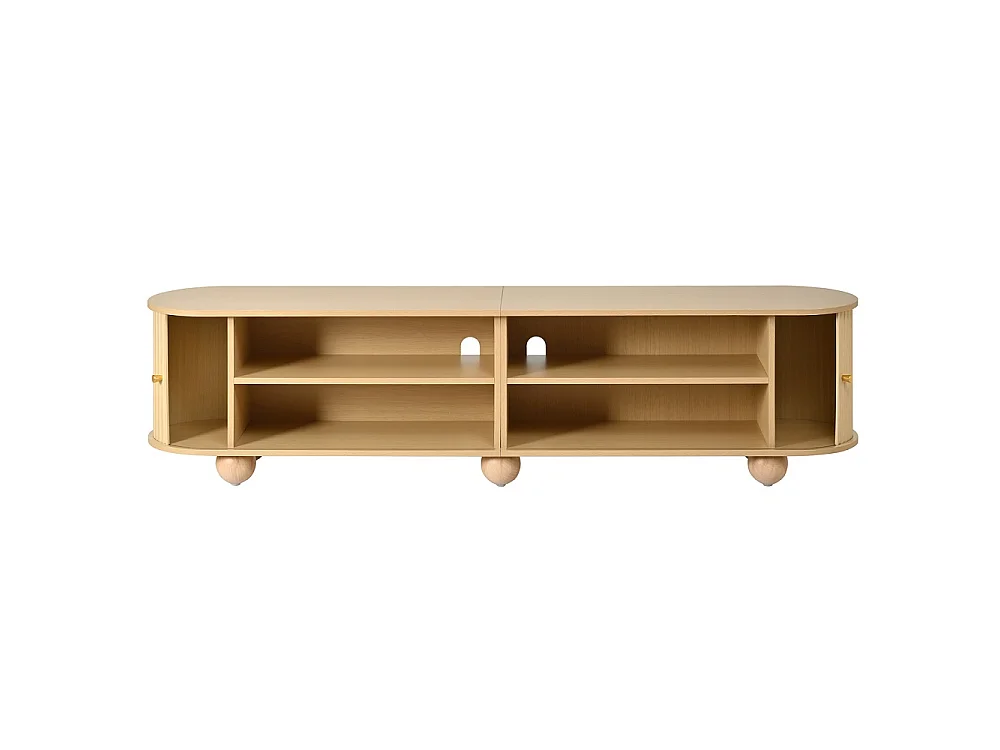 Cabinet TV 180 x 35 x 45 cm - Télévision à pied à bille Lowboard avec portes coulissantes ondulées verticales - Meubles de télévision rétro - MDF - Couleur naturell