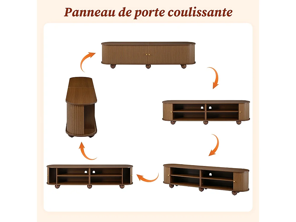Cabinet TV 180 x 35 x 45 cm - Télévision à pied à bille Lowboard avec portes coulissantes ondulées verticales - Meubles de télévision rétro - MDF - Couleur noix