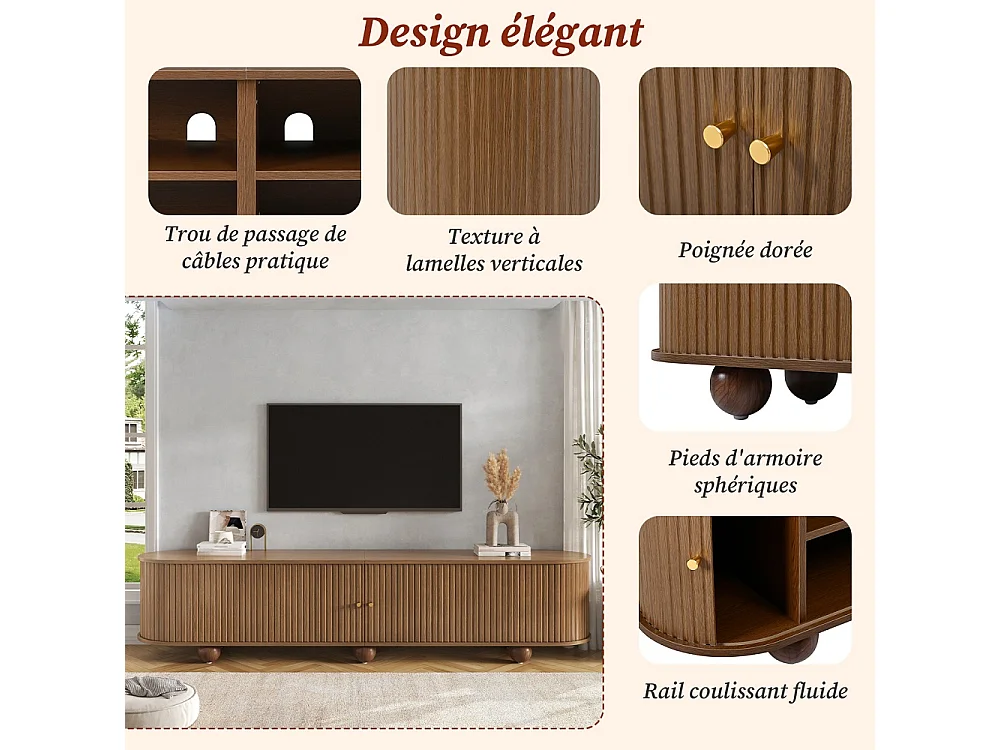 Cabinet TV 180 x 35 x 45 cm - Télévision à pied à bille Lowboard avec portes coulissantes ondulées verticales - Meubles de télévision rétro - MDF - Couleur noix