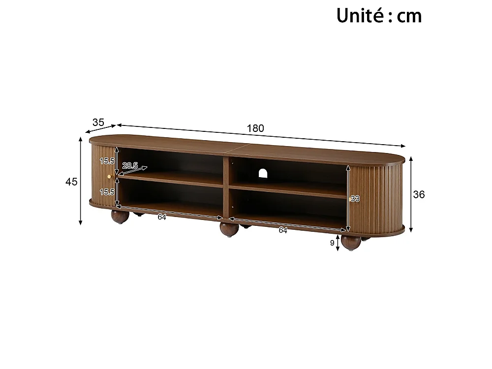 Cabinet TV 180 x 35 x 45 cm - Télévision à pied à bille Lowboard avec portes coulissantes ondulées verticales - Meubles de télévision rétro - MDF - Couleur noix