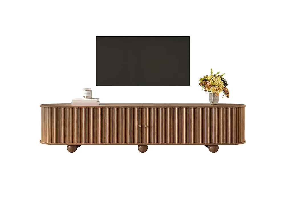 Cabinet TV 180 x 35 x 45 cm - Télévision à pied à bille Lowboard avec portes coulissantes ondulées verticales - Meubles de télévision rétro - MDF - Couleur noix