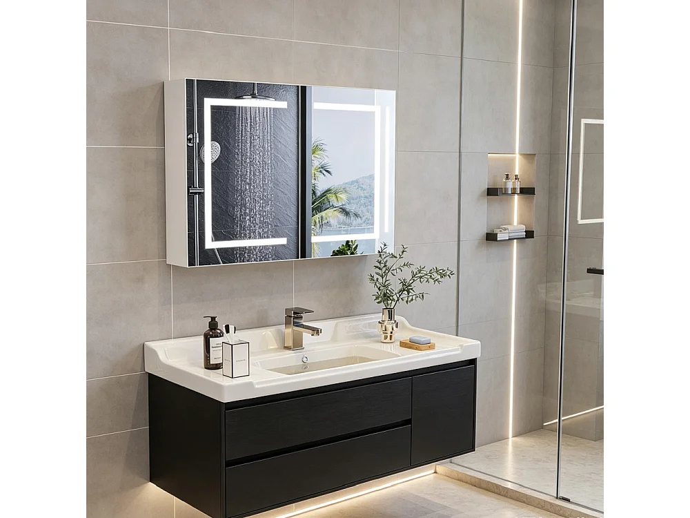 Armoire de miroir de salle de bain - 80 x 60 x 13,5 cm - Boîte à miroir intelligente à deux portes - Armoires de salle de bain anti-brouillard à LED - Miroir de dre